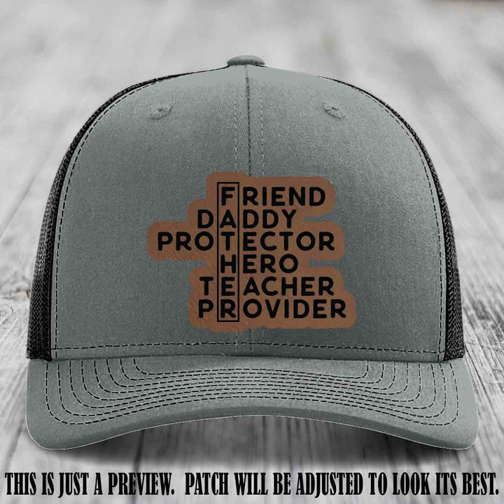 Father Figure 🤠 Leather Patch Hat with Dark Brown to Black patch on Heather Grey to Black Hat