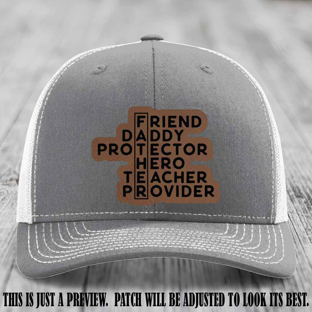 Father Figure 🤠 Leather Patch Hat with Dark Brown to Black patch on Heather Grey to White Hat