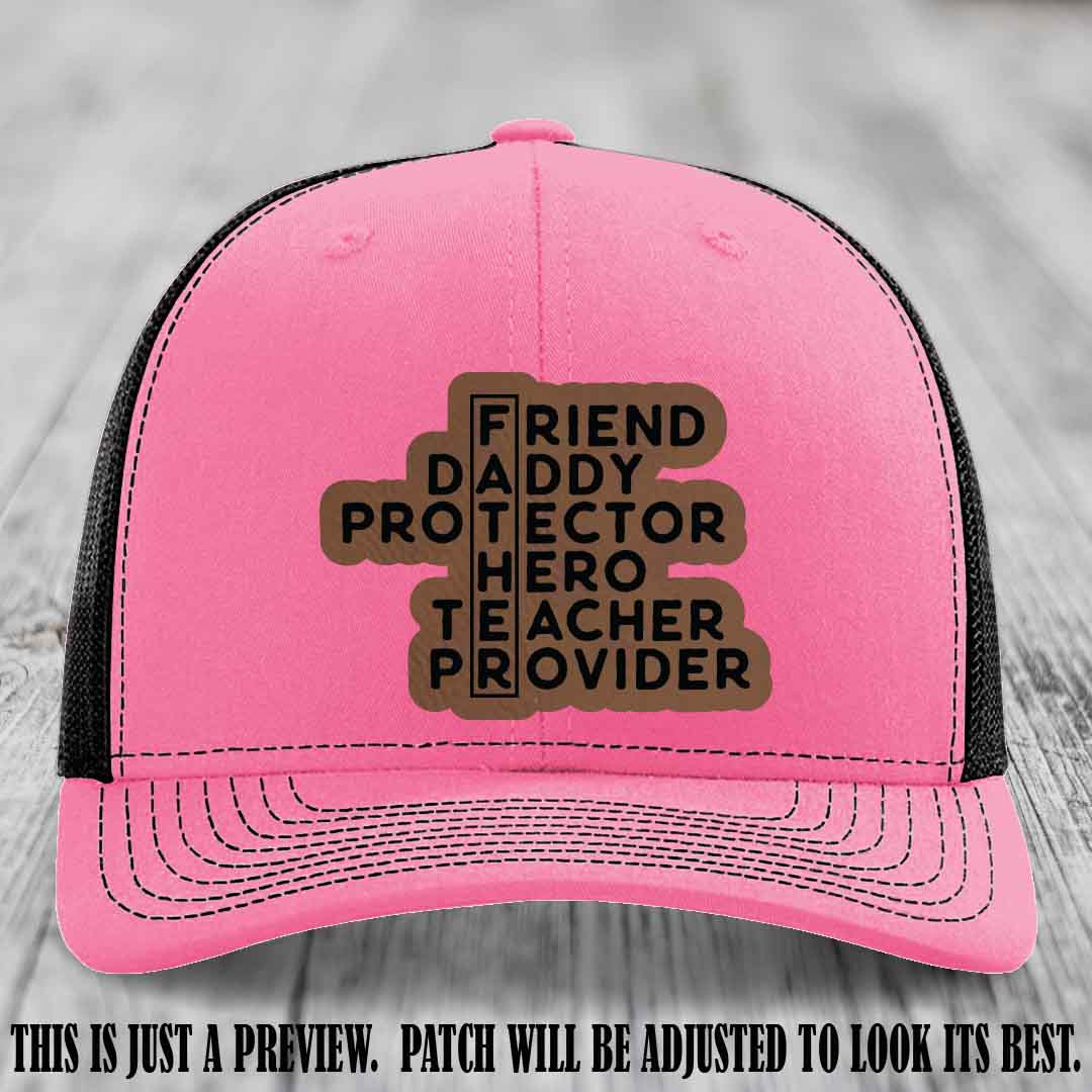 Father Figure 🤠 Leather Patch Hat with Dark Brown to Black patch on Hot Pink to Black Hat