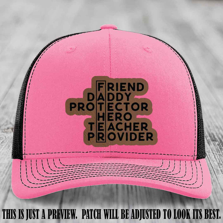 Father Figure 🤠 Leather Patch Hat with Dark Brown to Black patch on Hot Pink to Black Hat