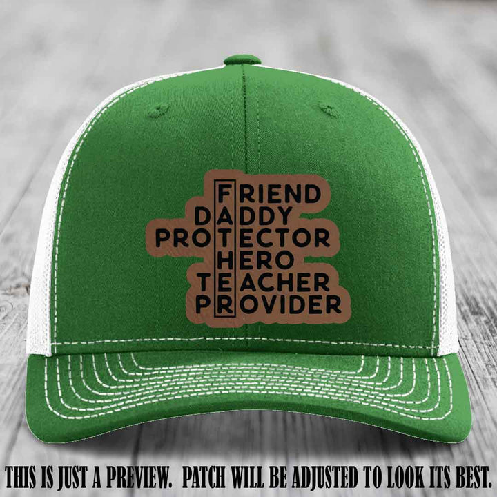 Father Figure 🤠 Leather Patch Hat with Dark Brown to Black patch on Kelly to White Hat