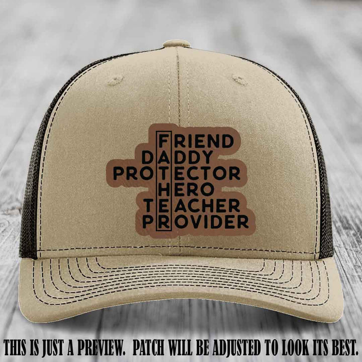 Father Figure 🤠 Leather Patch Hat with Dark Brown to Black patch on Khaki to Coffee Hat