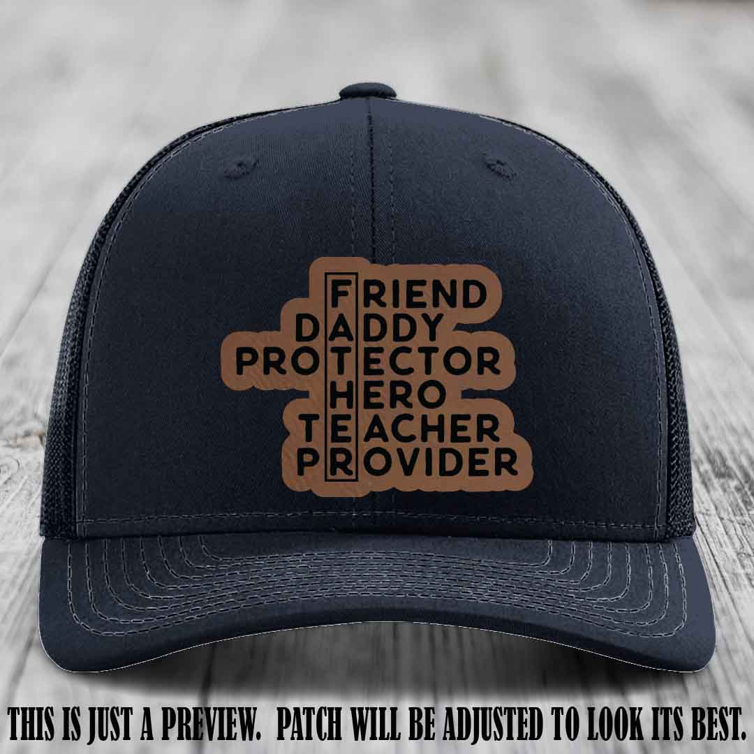 Father Figure 🤠 Leather Patch Hat with Dark Brown to Black patch on Navy Hat