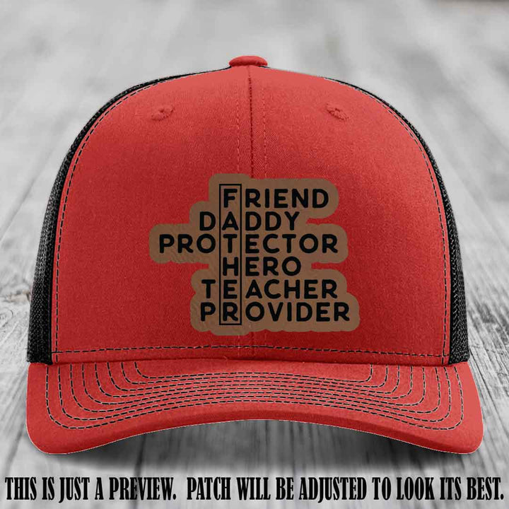 Father Figure 🤠 Leather Patch Hat with Dark Brown to Black patch on Red to Black Hat