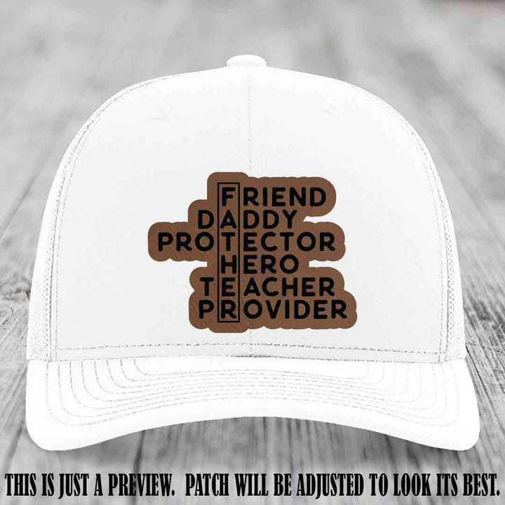 Father Figure 🤠 Leather Patch Hat with Dark Brown to Black patch on White Hat