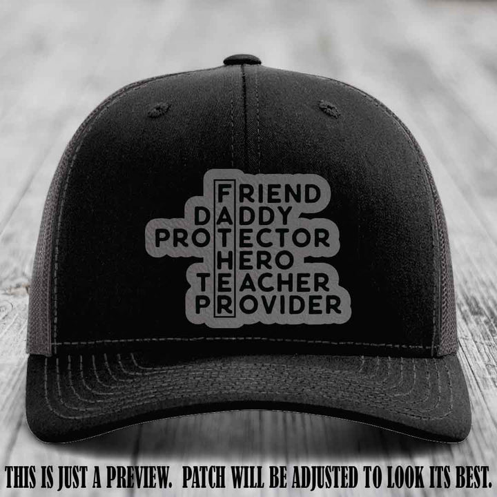Father Figure 🤠 Leather Patch Hat with Grey to Black patch on Black to Charcoal Hat