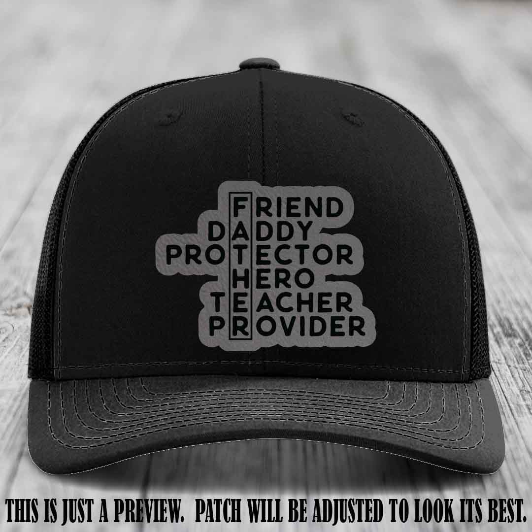 Father Figure 🤠 Leather Patch Hat with Grey to Black patch on Black Hat