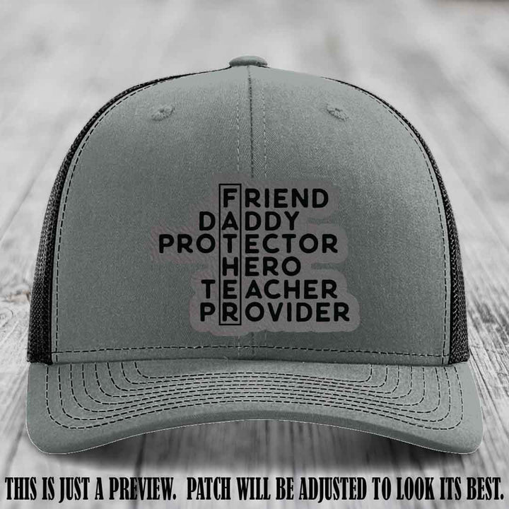 Father Figure 🤠 Leather Patch Hat with Grey to Black patch on Heather Grey to Black Hat