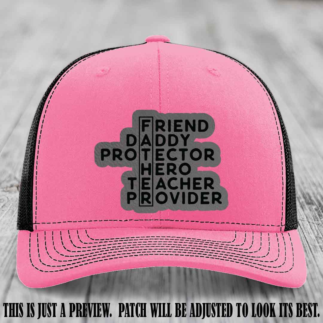 Father Figure 🤠 Leather Patch Hat with Grey to Black patch on Hot Pink to Black Hat
