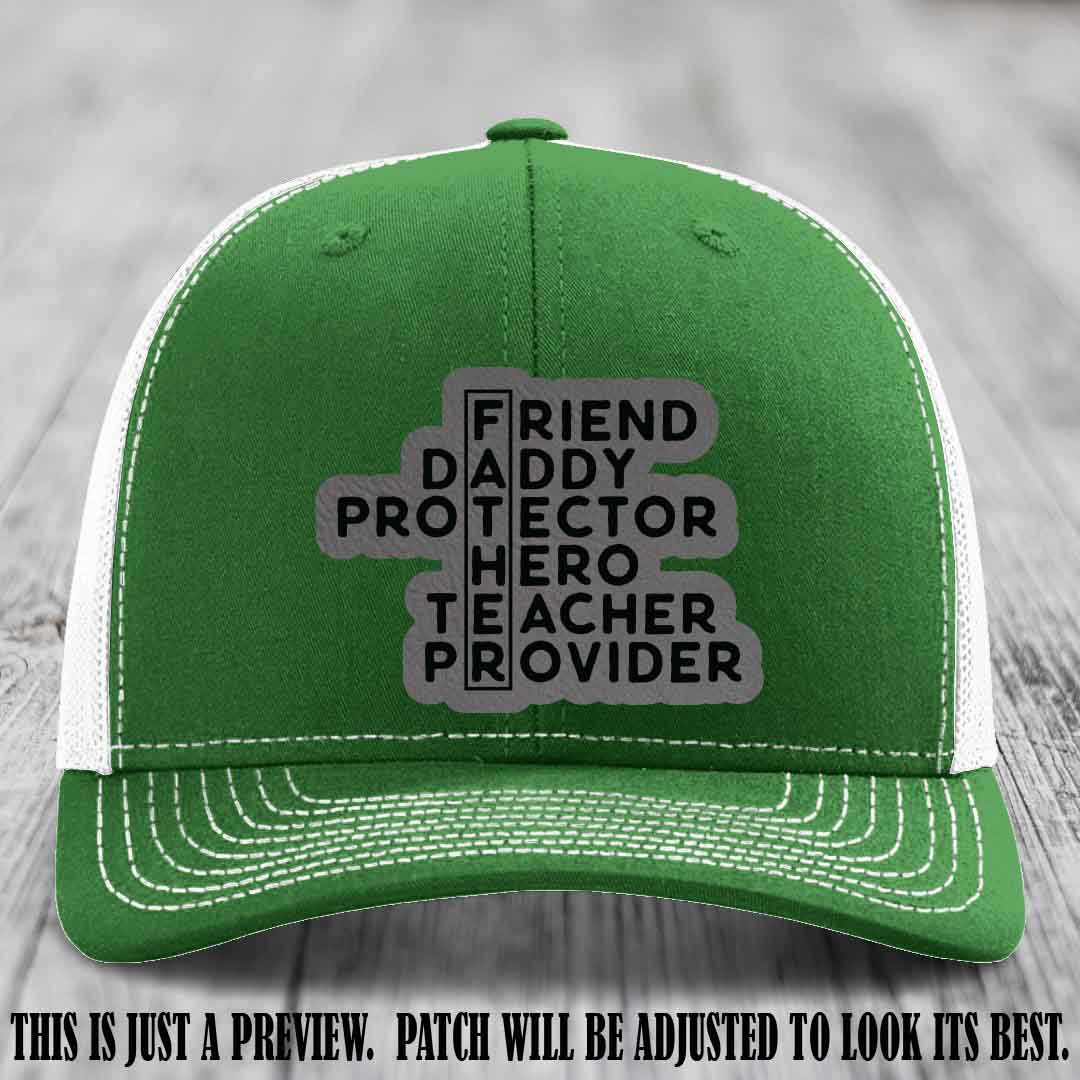 Father Figure 🤠 Leather Patch Hat with Grey to Black patch on Kelly to White Hat