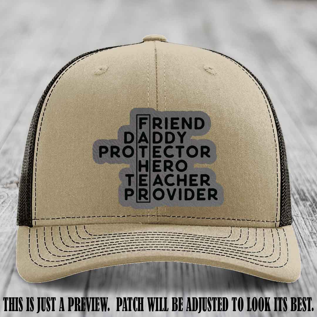 Father Figure 🤠 Leather Patch Hat with Grey to Black patch on Khaki to Coffee Hat