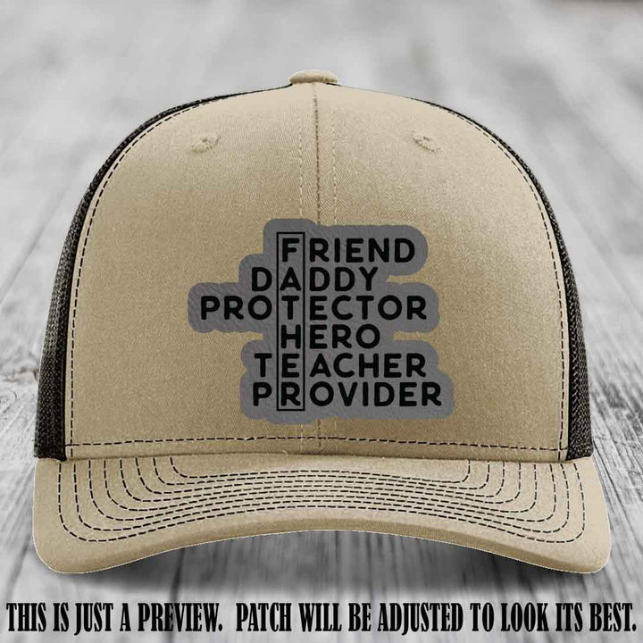 Father Figure 🤠 Leather Patch Hat with Grey to Black patch on Khaki to Coffee Hat