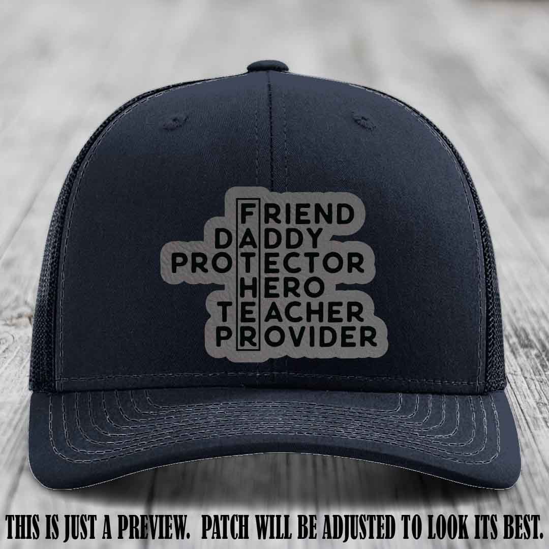 Father Figure 🤠 Leather Patch Hat with Grey to Black patch on Navy Hat