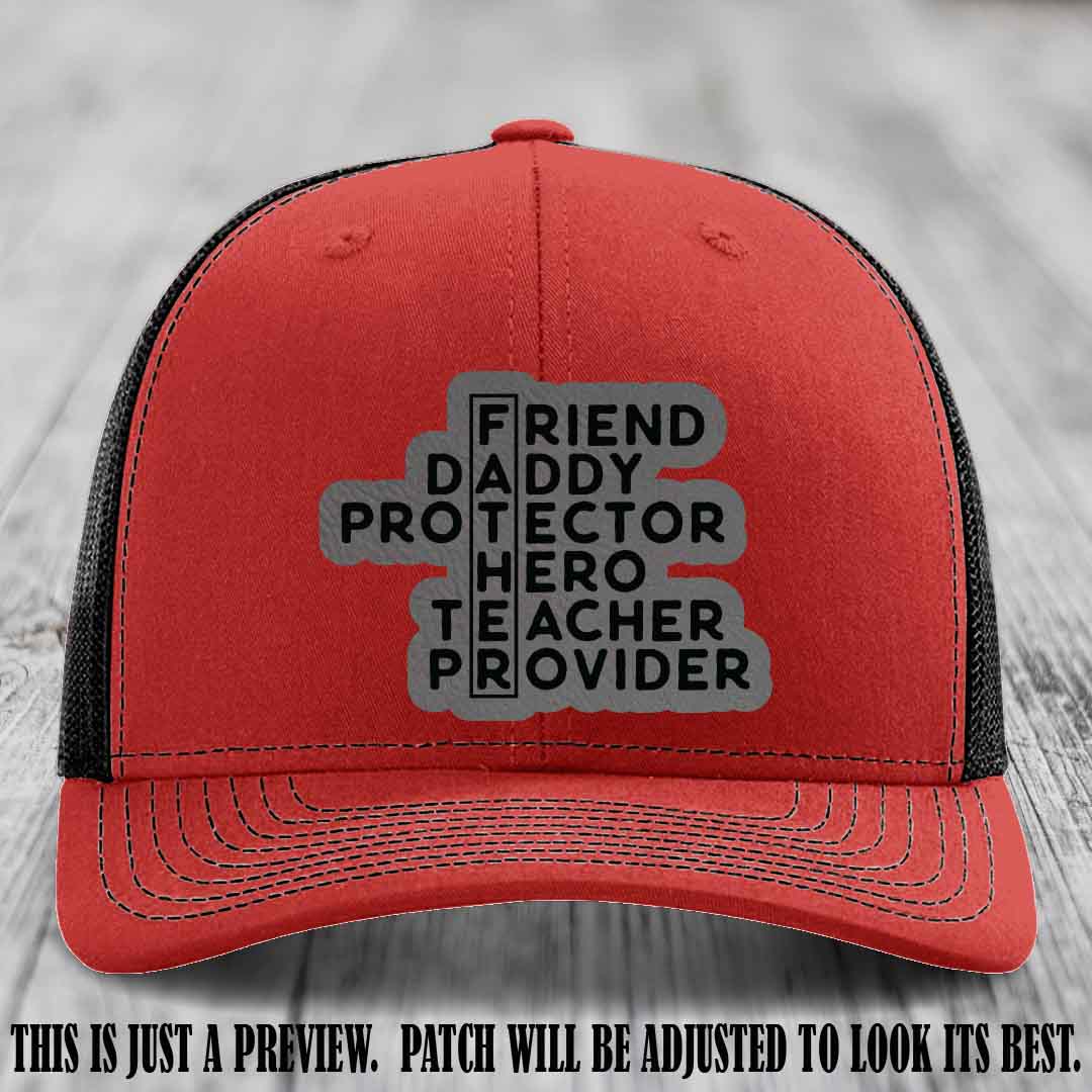 Father Figure 🤠 Leather Patch Hat with Grey to Black patch on Red to Black Hat