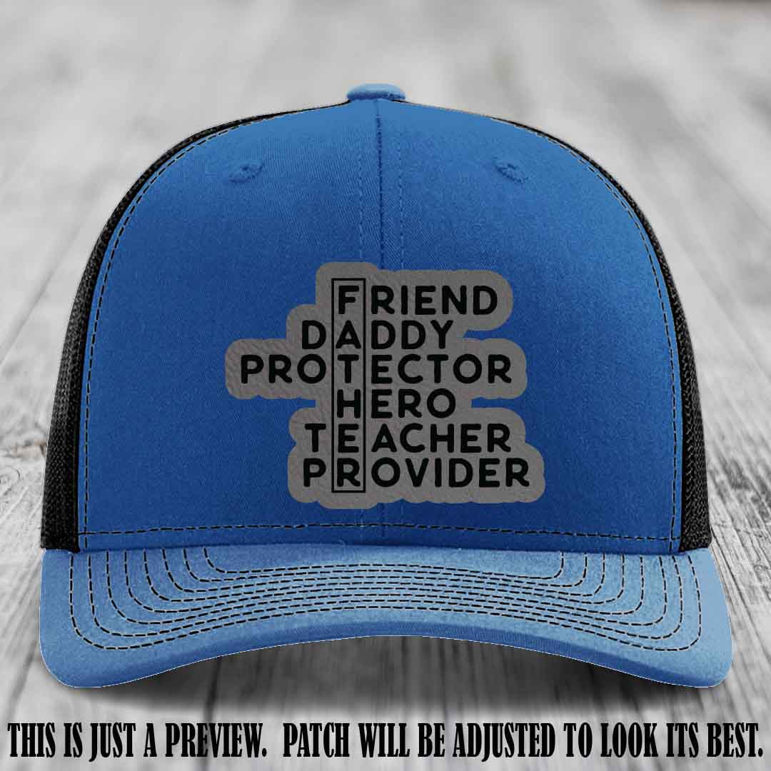 Father Figure 🤠 Leather Patch Hat with Grey to Black patch on Royal to Black Hat