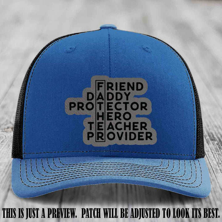 Father Figure 🤠 Leather Patch Hat with Grey to Black patch on Royal to Black Hat