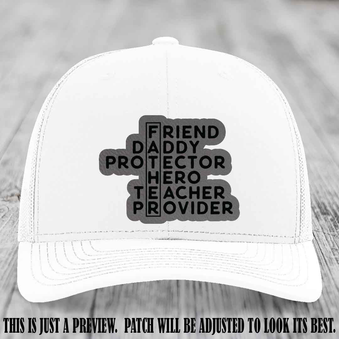 Father Figure 🤠 Leather Patch Hat with Grey to Black patch on White Hat