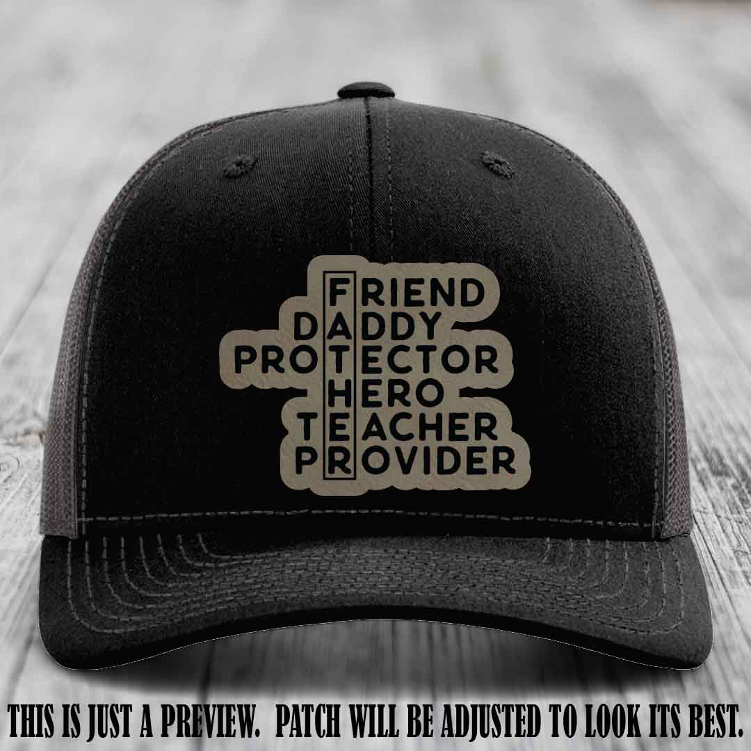 Father Figure 🤠 Leather Patch Hat with Light Brown to Black patch on Black to Charcoal Hat