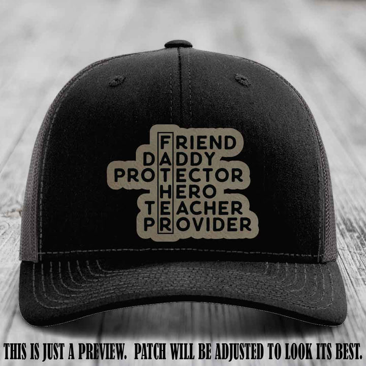 Father Figure 🤠 Leather Patch Hat with Light Brown to Black patch on Black to Charcoal Hat