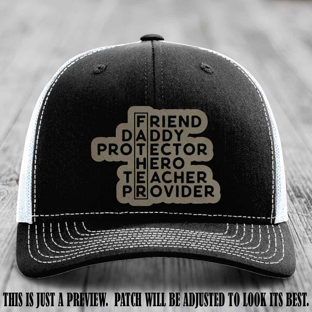 Father Figure 🤠 Leather Patch Hat with Light Brown to Black patch on Black to White Hat