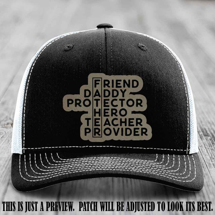 Father Figure 🤠 Leather Patch Hat with Light Brown to Black patch on Black to White Hat