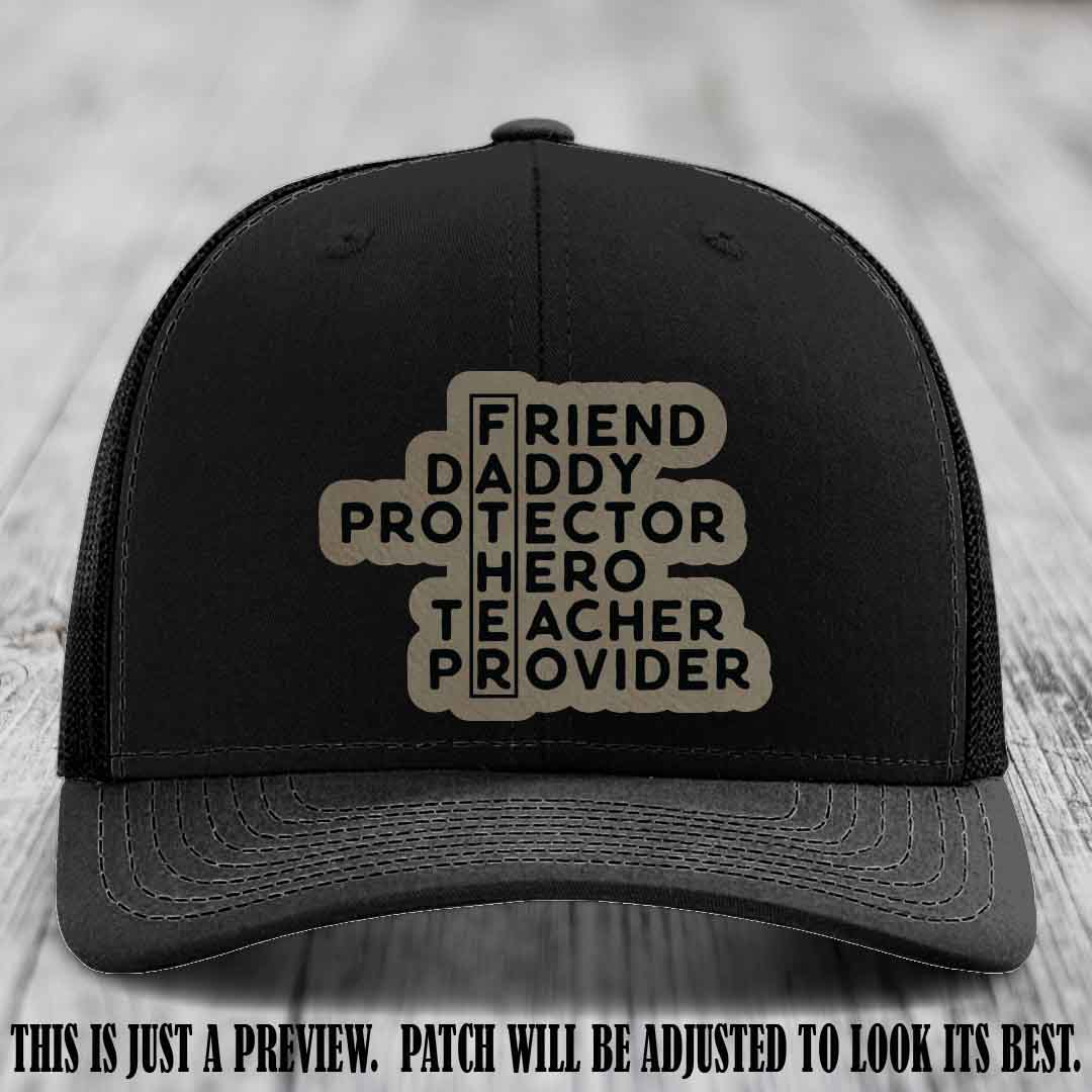 Father Figure 🤠 Leather Patch Hat with Light Brown to Black patch on Black Hat
