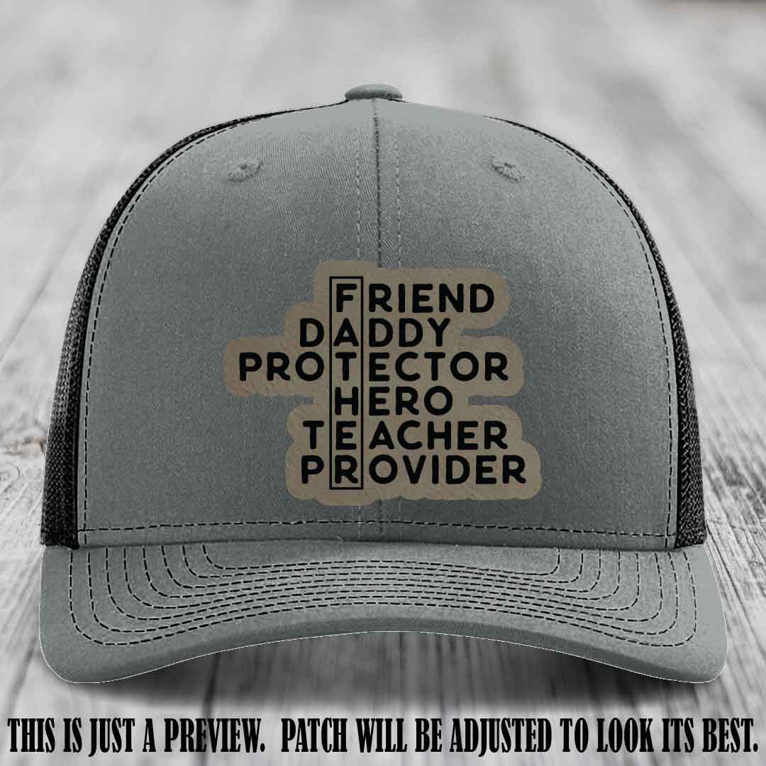 Father Figure 🤠 Leather Patch Hat with Light Brown to Black patch on Heather Grey to Black Hat