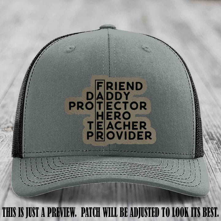 Father Figure 🤠 Leather Patch Hat with Light Brown to Black patch on Heather Grey to Black Hat