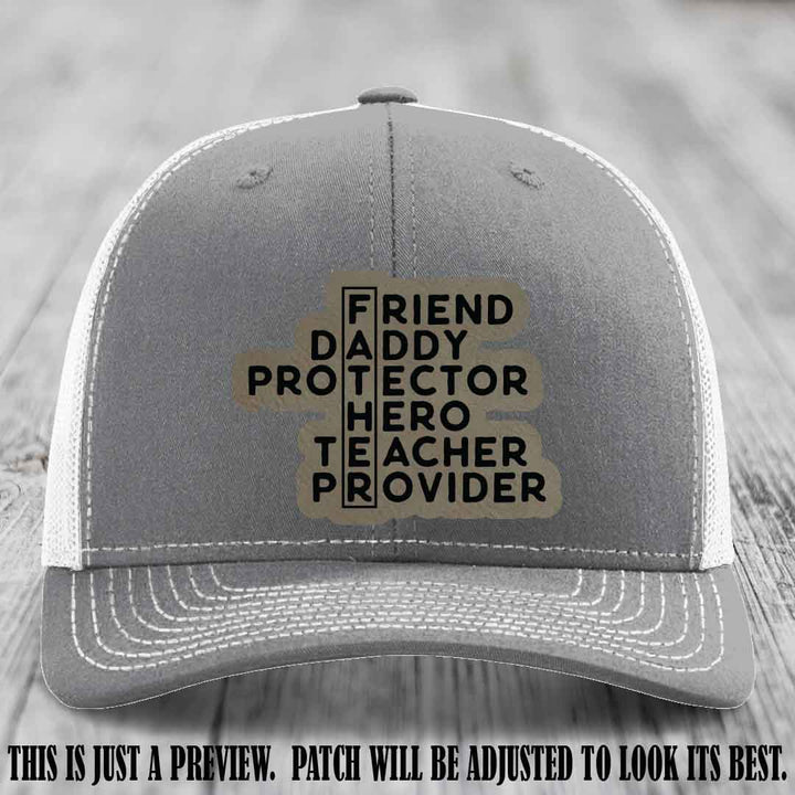 Father Figure 🤠 Leather Patch Hat with Light Brown to Black patch on Heather Grey to White Hat