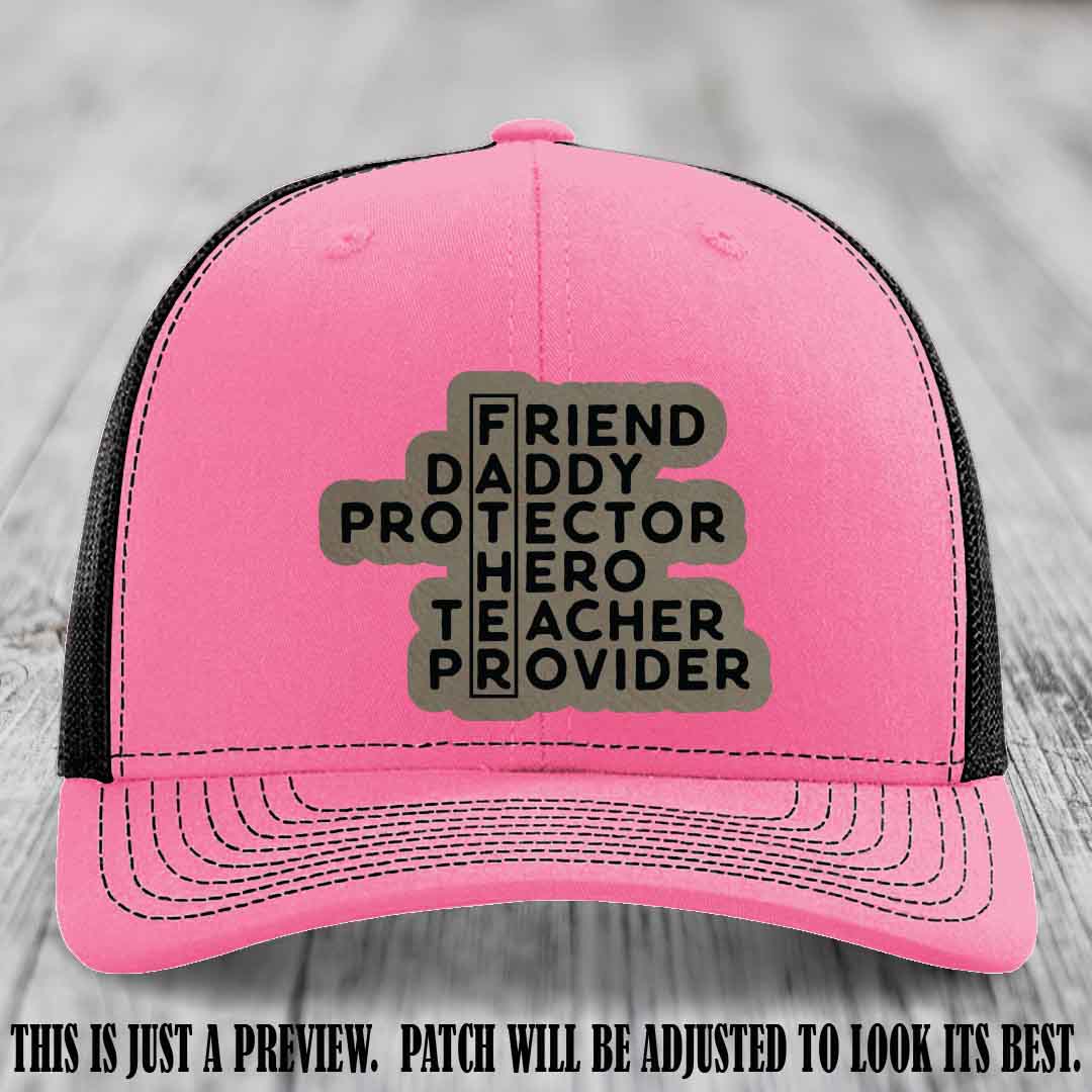 Father Figure 🤠 Leather Patch Hat with Light Brown to Black patch on Hot Pink to Black Hat