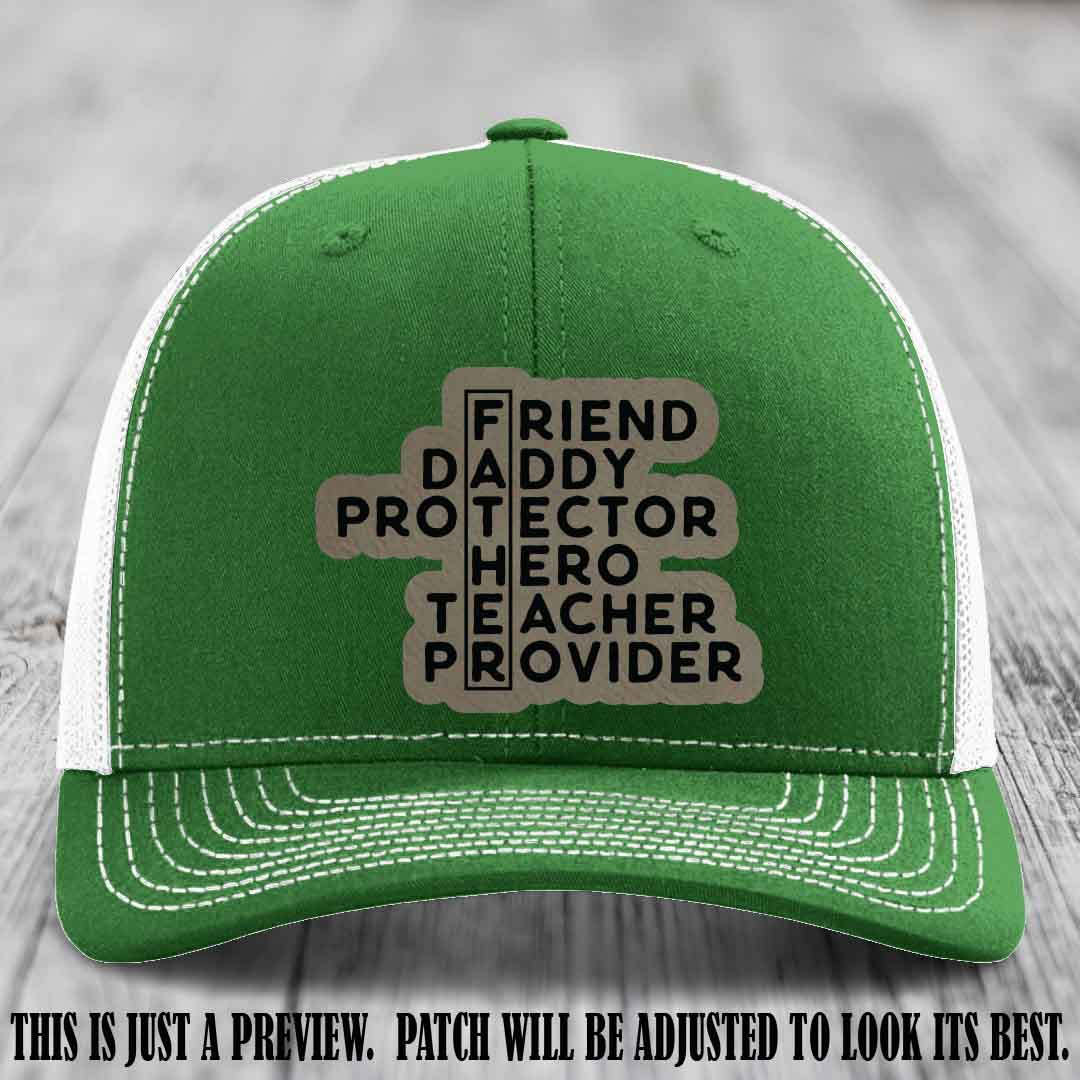 Father Figure 🤠 Leather Patch Hat with Light Brown to Black patch on Kelly to White Hat