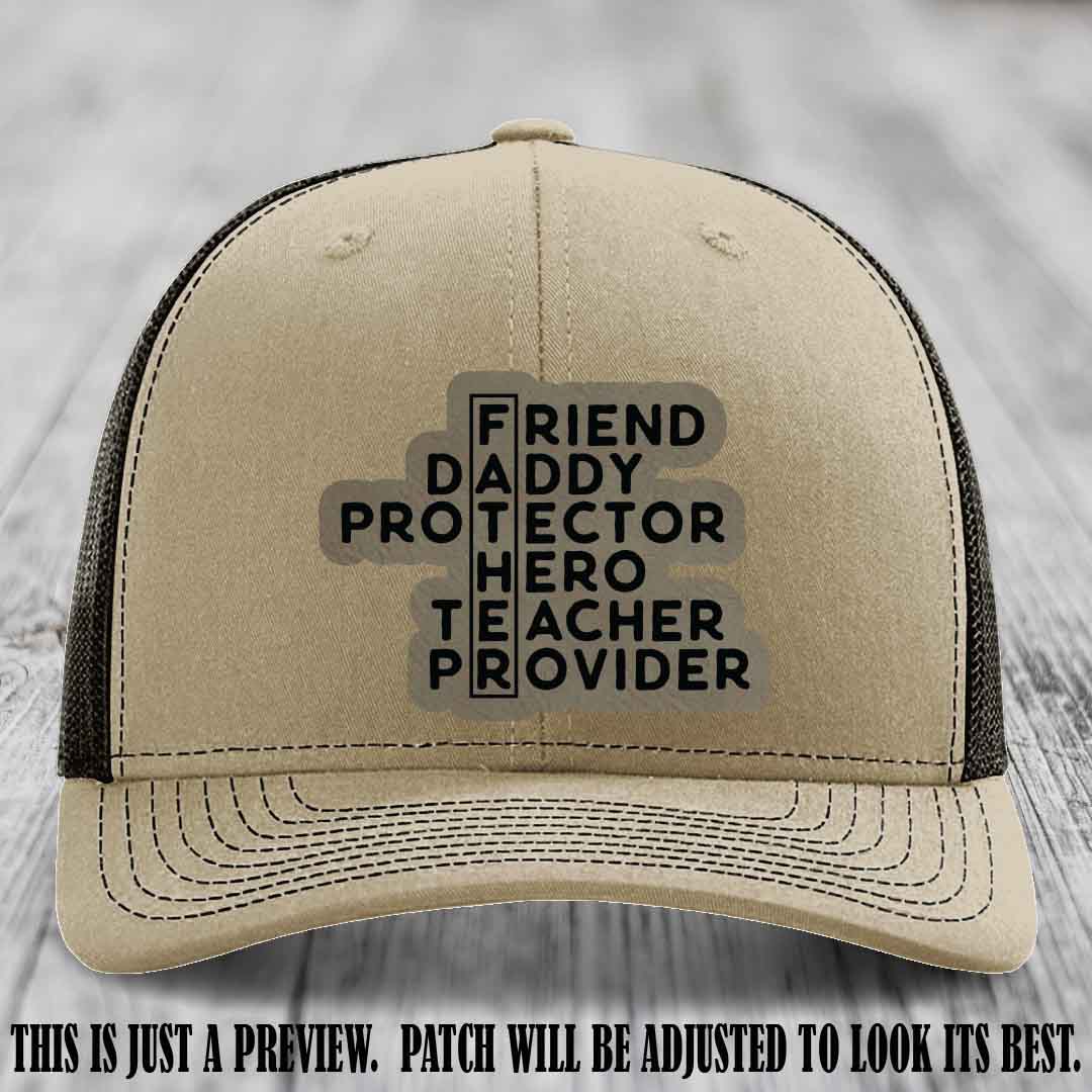 Father Figure 🤠 Leather Patch Hat with Light Brown to Black patch on Khaki to Coffee Hat