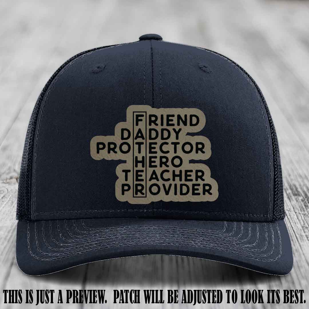 Father Figure 🤠 Leather Patch Hat with Light Brown to Black patch on Navy Hat