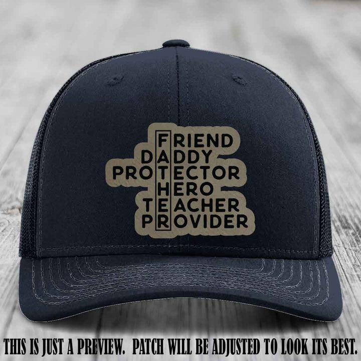Father Figure 🤠 Leather Patch Hat with Light Brown to Black patch on Navy Hat