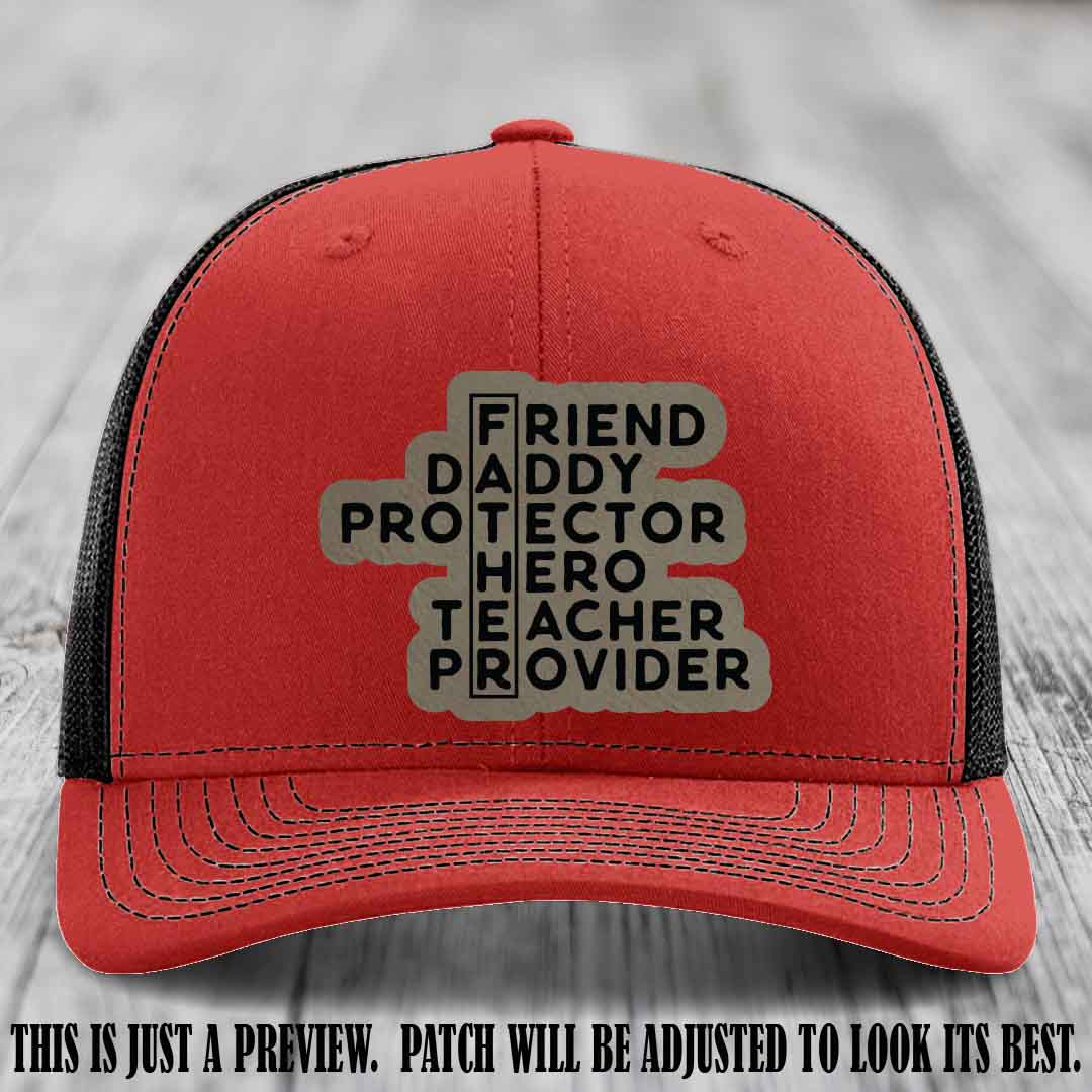Father Figure 🤠 Leather Patch Hat with Light Brown to Black patch on Red to Black Hat