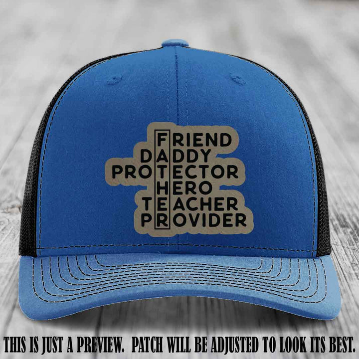 Father Figure 🤠 Leather Patch Hat with Light Brown to Black patch on Royal to Black Hat