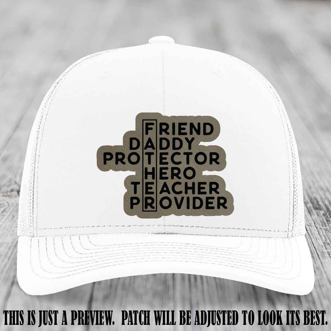 Father Figure 🤠 Leather Patch Hat with Light Brown to Black patch on White Hat