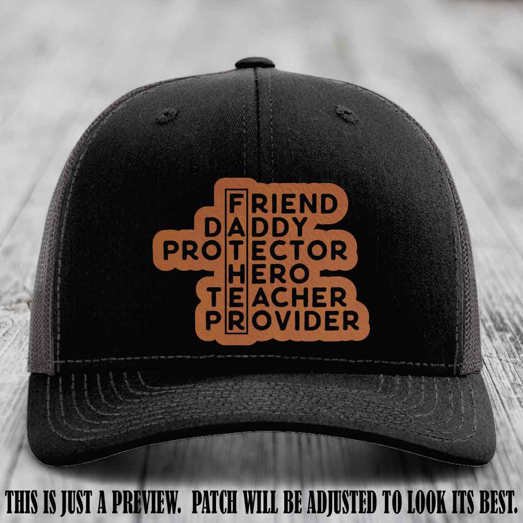 Father Figure 🤠 Leather Patch Hat with Rawhide to Black patch on Black to Charcoal Hat