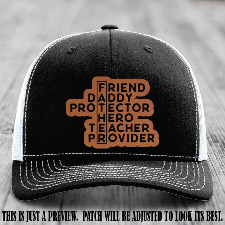Father Figure 🤠 Leather Patch Hat with Rawhide to Black patch on Black to White Hat