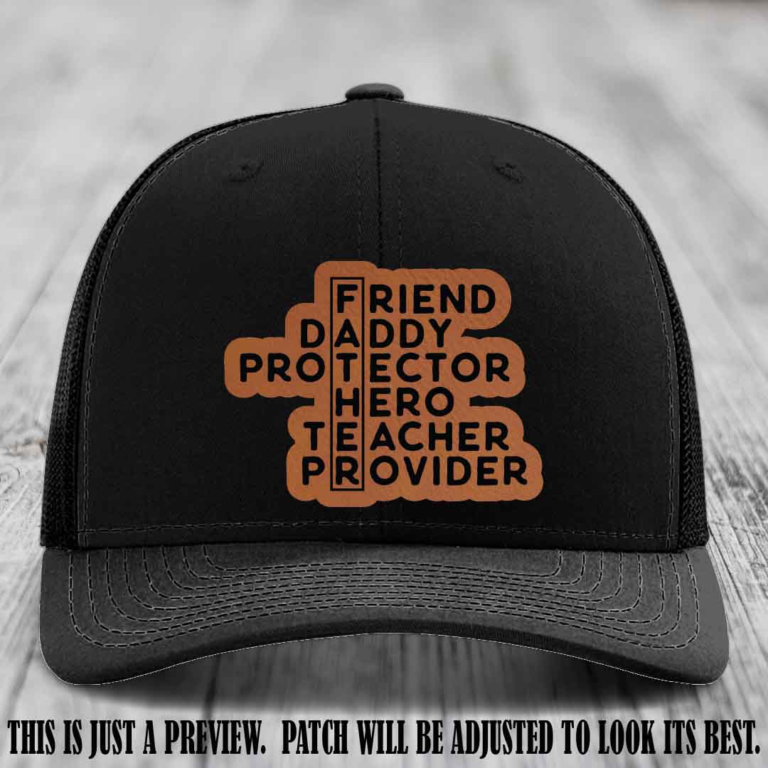 Father Figure 🤠 Leather Patch Hat with Rawhide to Black patch on Black Hat