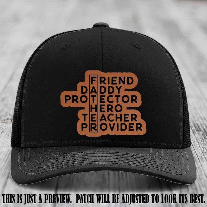 Father Figure 🤠 Leather Patch Hat with Rawhide to Black patch on Black Hat