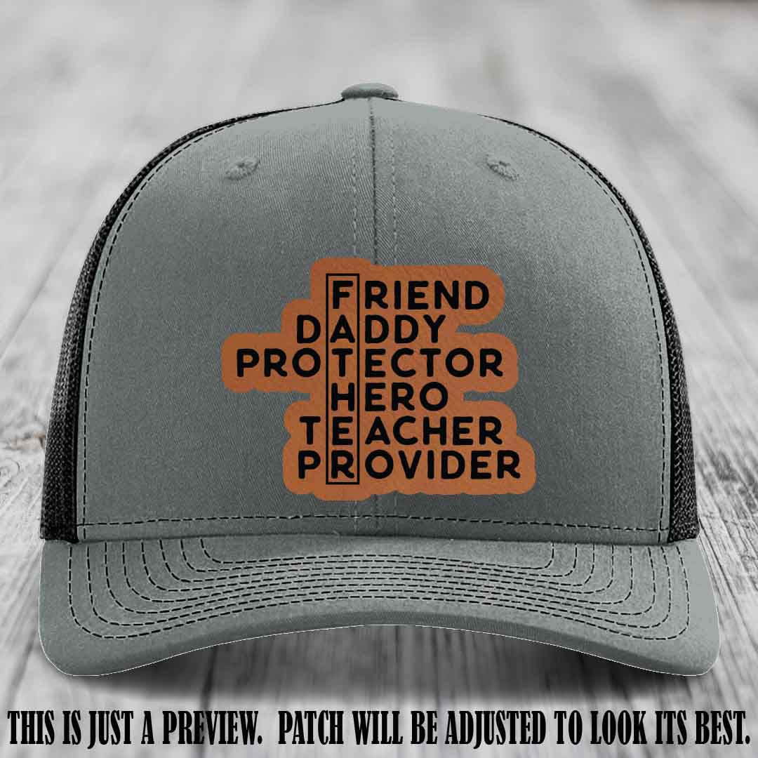 Father Figure 🤠 Leather Patch Hat with Rawhide to Black patch on Heather Grey to Black Hat