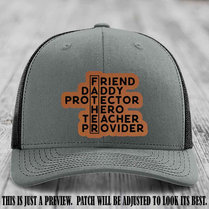 Father Figure 🤠 Leather Patch Hat with Rawhide to Black patch on Heather Grey to Black Hat
