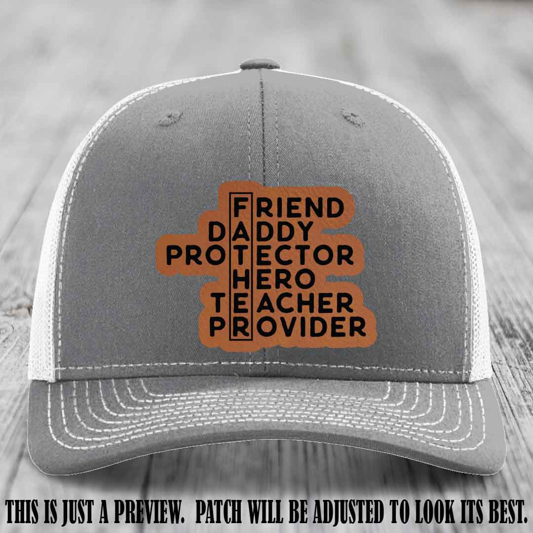 Father Figure 🤠 Leather Patch Hat with Rawhide to Black patch on Heather Grey to White Hat