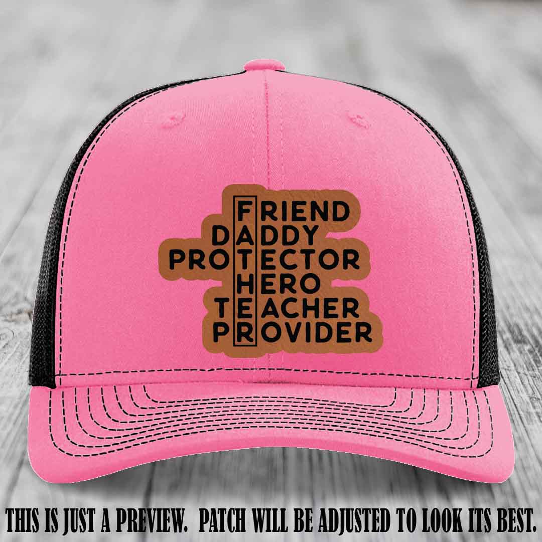 Father Figure 🤠 Leather Patch Hat with Rawhide to Black patch on Hot Pink to Black Hat