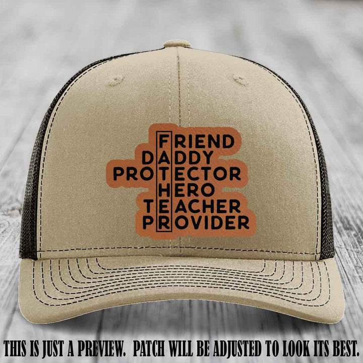 Father Figure 🤠 Leather Patch Hat with Rawhide to Black patch on Khaki to Coffee Hat