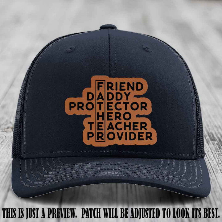 Father Figure 🤠 Leather Patch Hat with Rawhide to Black patch on Navy Hat