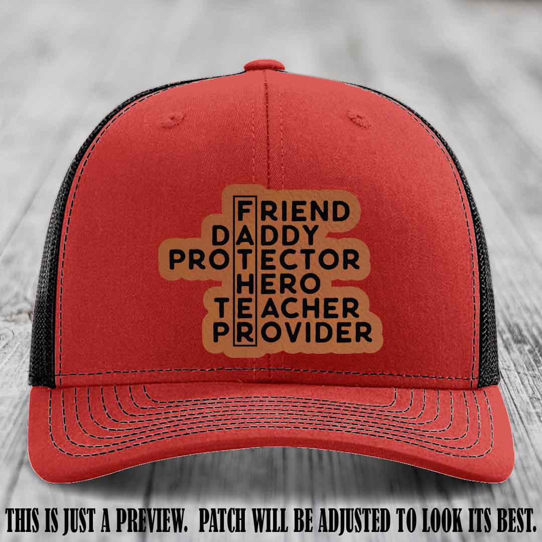 Father Figure 🤠 Leather Patch Hat with Rawhide to Black patch on Red to Black Hat