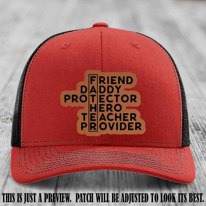Father Figure 🤠 Leather Patch Hat with Rawhide to Black patch on Red to Black Hat