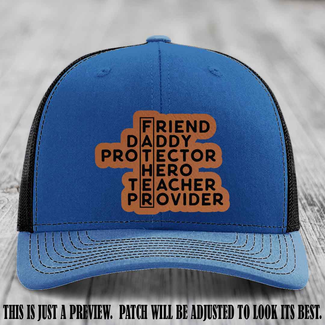Father Figure 🤠 Leather Patch Hat with Rawhide to Black patch on Royal to Black Hat